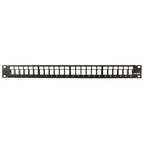 [49255-H24] Leviton - 49255-H24 - Patch Panel 24-Port QuickPort® Flat 1U, empty, black colour, Rear Cable Mgmt. Bar.