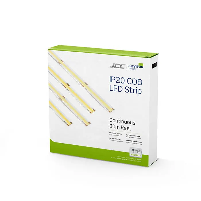 Leviton JC121501 COB LED Strip 8W IP20 3000K 30m Reel with 50mm cut points.