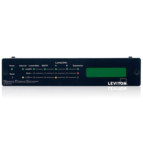 [NP00G-000] Leviton NP00G-000 Network Protocol Converter, "Gateway", supporting Luma-Net and Luma CAN protocols. Installs into 1/2 RU. Requires external +12-24Vdc power supply.