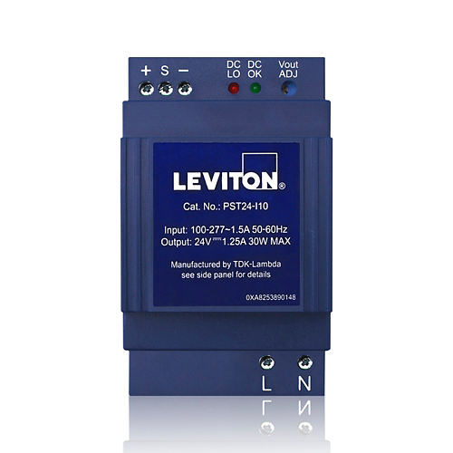 [PST24-I10] Leviton PST24-I10 24Vdc, 1A, 30W 100-277VAC Input DIN Rail Power Supply. UL, CUL & CE. Terminals on input and output. (Leviton)