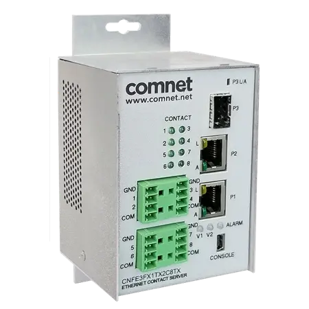[CNFE3FX1TX2C8TX/M] Comnet CNFE3FX1TX2C8TX/M Hardened Managed Switch, 2 RJ45, 1 SFP, Integrated 8-Channel Contact Server, Transmitter.