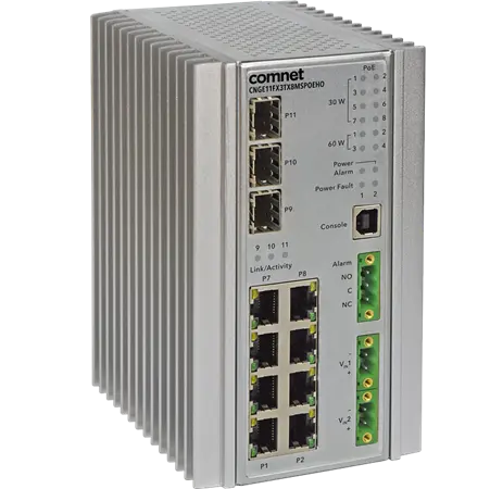 Comnet CNGE11FX3TX8MS Hardened 11-Port Managed L2+ PoE Switch, 2 SFP (100/1000/2500), 1 SFP (100/1000), 8 RJ45 (10/100/1000). (RJ45 10/100/1000 Mbps)