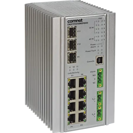 Comnet CNGE11FX3TX8MSPOE/24 Hardened Managed L2+ PoE Switch, 3 SFP, 8 RJ45, 12/24VDC.