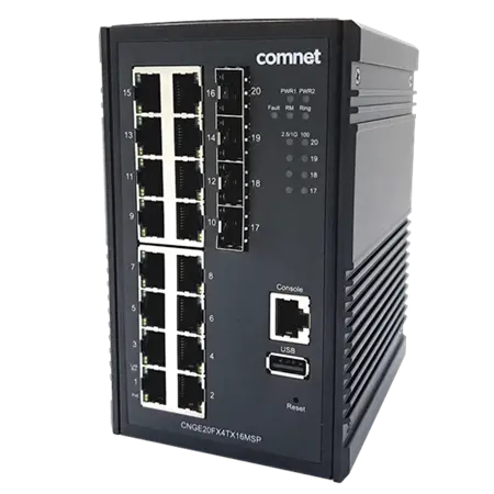 Comnet CNGE20FX4TX16MSP Hardened Managed L2+ PoE Switch, 4 SFP, 16 RJ45.