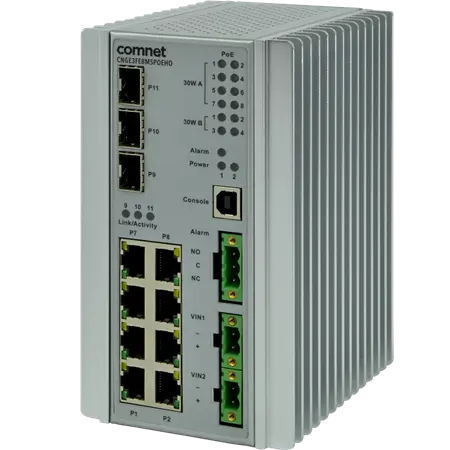 Comnet CNGE3FE8MSPOE/24 Hardened Managed L2+ PoE Switch, 3 SFP, 8 RJ45, 12/24VDC Power.