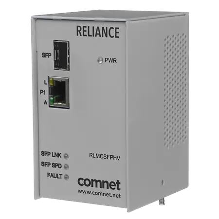 Comnet RLMCSFPPOEHO Hardened 10/100/1000 60W PoE Media Converter, Electrical Substation-Rated, SFP Optical Port, 48 VDC.